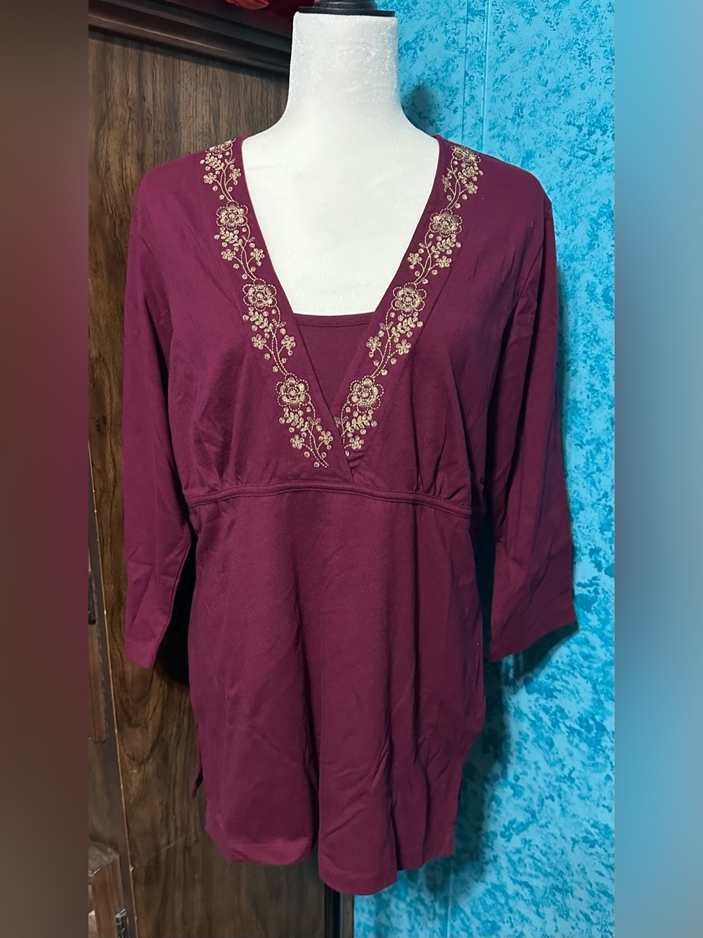 Classic Elements Burgundy Tunic Top with Gold Floral Embroidery